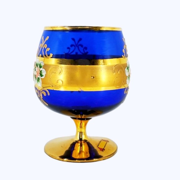 Murano Italy Cobalt Blue Goblet Gold Enamel Floral - Picture 2 of 8